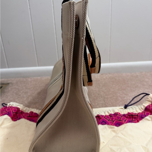 Tory Burch Beige Tote with Multicolor Striped Handles - Picture 4 of 8